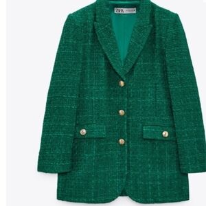 Zara Emerald Green Tweed Blazer with Gold Buttons